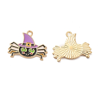 Alloy Enamel Pendants, Spider with Hat Charms, Halloween, Golden, 15.5x20.5x1.3mm, Hole: 1.4mm