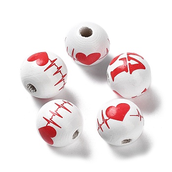 Valentine's Day Theme Printed Wood Beads, Round, Heart, 15~16x14.5~15mm, Hole: 3~4mm