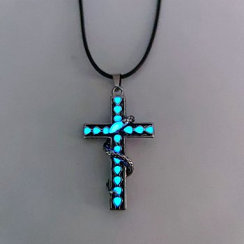 Luminous Glow In The Dark Alloy Cross with Snake Pendant Necklace with Leather Cord, Blue, 24.41 inch(62cm)