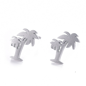 Unisex 304 Stainless Steel Stud Earrings, Coconut Tree, Stainless Steel Color, 10x9mm, Pin: 1mm
