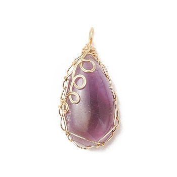 Natural Amethyst Copper Wire Wrapped Pendants, Teardrop Charms, Golden, 36x17x8mm, Hole: 3x2mm