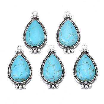 Synthetic Turquoise Pendants, with Aolly Findings, Cadmium Free & Nickel Free & Lead Free, Teardrop, Sky Blue, 45x25x7mm, Hole: 3mm