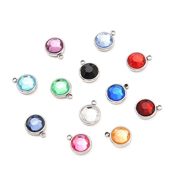 304 Stainless Steel Charms, with Acrylic Rhinestone, Birthstone Charms, Faceted, Flat Round, Stainless Steel Color, Mixed Color, 12x10x4.4mm, Hole: 1.3mm