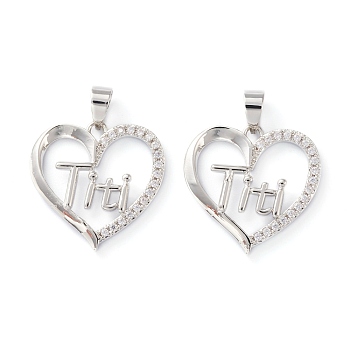 Brass Micro Pave Clear Cubic Zirconia Pendants, Long-Lasting Plated, Heart with Word Titi, Platinum, 19x19x2.5mm, Hole: 5x3.5mm