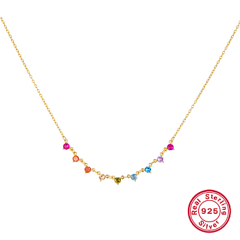 Colorful Cubic Zirconia Diamond Pendant Necklace, with 925 Sterling Silver Chains, with S925 Stamp, Real 18K Gold Plated, 15.75 inch(40cm)