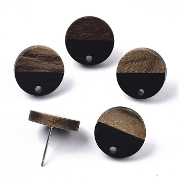 Resin & Walnut Wood Stud Earring Findings, with 304 Stainless Steel Pin, Flat Round, Black, 15mm, Hole: 1.8mm, Pin: 0.7mm