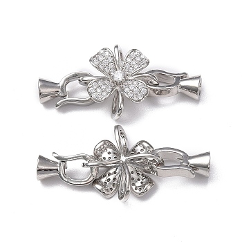 Rack Plating Flower Brass Pave Clear Cubic Zirconia Fold Over Clasps, Cadmium Free & Lead Free, Long-Lasting Plated, Platinum, Flower: 17x17x6mm, Clasp: 12x7x5.5mm, Inner Diameter: 3.5mm
