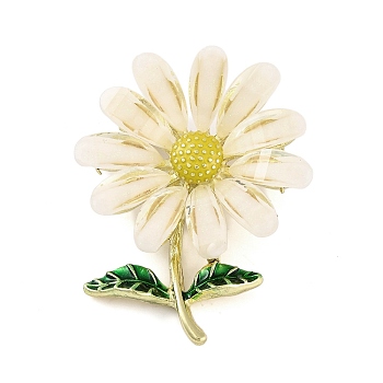 Alloy & Acrylic Flower Brooch with Enamel Leaf for Women, Yellow, 40.5x30mm