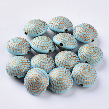 Plating Acrylic Beads, Golden Metal Enlaced, Flat Round, Dark Turquoise, 17x11.5mm, Hole: 2mm, about 300pcs/500g