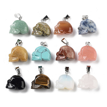 Natural & Synthetic Mixed Gemstone Pendants, Halloween Skull Charms with Platinum Plated Iron Snap on Bails, 17~19x18.5~20x10~11mm, Hole: 6x3.5mm