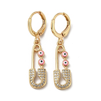 Real 18K Gold Plated Brass Dangle Leverback Earrings, with Enamel and Cubic Zirconia, Safety Pin with Evil Eye, Deep Pink, 36.5x8mm