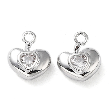 Rack Plating Brass Micro Pave Cubic Zirconia Pendants, Heart Charm, Real Platinum Plated, 9.5x8x4mm, Hole: 1.2mm