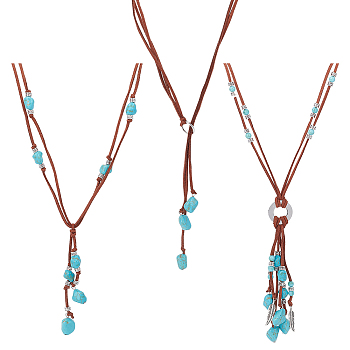 3Pcs 3 Style Ethnic Style Natural Turquoise Chips & Alloy Lariat Necklaces for Women, Antique Silver, 17.72~25.59 inch(45~65cm), 1pc/style