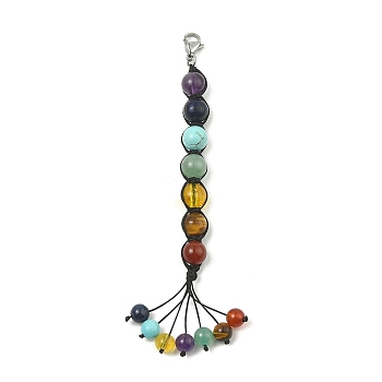 Chakra Gemstone Pendant Decorations, with Lobster Claw Clasps and Gemstone Bead Tassel Hanging Ornaments, Stainless Steel Color, 116mm