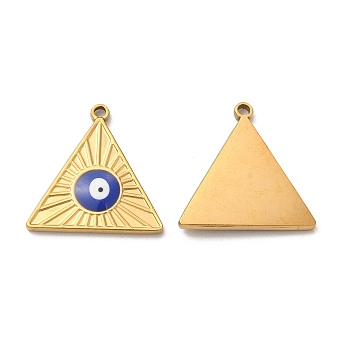 Vacuum Plating 201 Stainless Steel Pendants, with Enamel,Real 18K Gold Plated, Triangle, Evil Eye, Blue, 22x22x3mm, Hole: 2mm