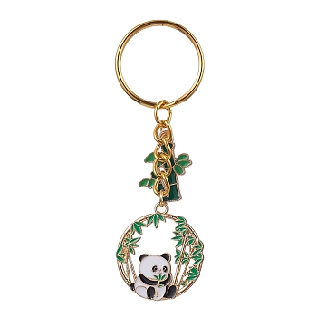 Panda & Bamboo Alloy Enamel Pendant Keychains, with Iron Split Key Rings, Golden, 7.95cm
