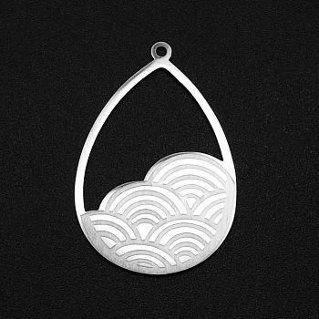 201 Stainless Steel Open Back Bezel Pendants, For DIY UV Resin, Epoxy Resin, Pressed Flower Jewelry, Laser Cut, Teardrop with Rainbow, Stainless Steel Color, 32.5x22x1mm, Hole: 1.4mm