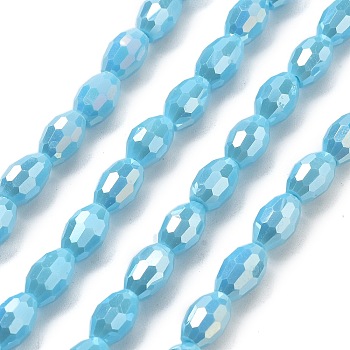 Electroplate Glass Beads Strands, Imitation Jade Beads, Faceted, Oval, Light Sky Blue, 8.5x5.5mm, Hole: 1.2mm, about 70pcs/strand, 20.87~23.23''(53~59cm)