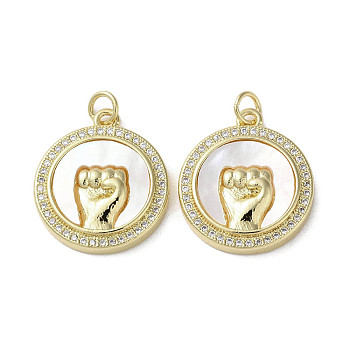 Gesture Theme Brass Micro Pave Cubic Zirconia Pendants, with Shell, Flat Round, Real 18K Gold Plated, 21.5x19x4mm, Hole: 3mm