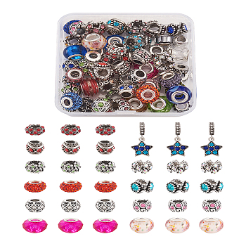 Alloy Rhinestone European Beads, Large Hole Beads, Mixed Shapes, Mixed Color, 74x73x25mm, 60pcs/box