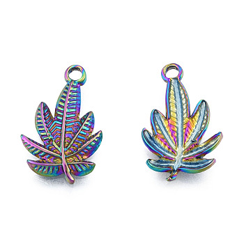 Ion Plating(IP) 304 Stainless Steel Pendants, Leaf, Rainbow Color, 22x14x2mm, Hole: 1.8mm