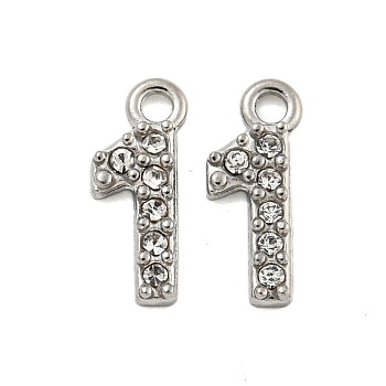 304 Stainless Steel Pendants, with Crystal Rhinestone, Number Charms, Number, 9x3.5x1mm, Hole: 1mm