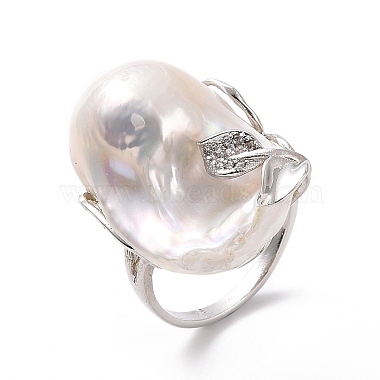 Natural Pearl Nugget with Cubic Zirconia Leaf Open Cuff Ring(RJEW-P033-02P-02A)-2
