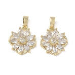 Brass Micro Pave Clear Cubic Zirconia Pendants, Long-Lasting Plated, Flower Charms, Real 18K Gold Plated, 20x17x4mm, Hole: 6x3mm(KK-A299-15G)