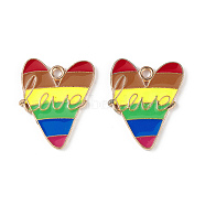 Rainbow Color Pride Alloy Enamel Pendants, Heart with Word Love Charm, Light Gold, Colorful, 22.5x17.7x1.5mm, Hole: 2mm(ENAM-K067-09)