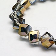 Half Plated Crystal Glass Cube Beads Strands, Faceted, Copper Plated, 10~11x10~11x10~11mm, Hole: 1mm(EGLA-F023-D02)