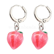 Fuchsia Peach Glass Dangle Leverback Earrings, Brass Earrings, Real Platinum Plated, 28.5x11mm(EJEW-P260-01P)