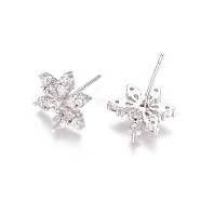 Brass Cubic Zirconia Stud Earring Findings, with Cup Pearl Peg Bails, Flower, Clear, Platinum, 15mm, Pin: 0.7mm(EJEW-E257-02P)