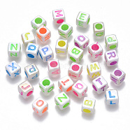 Plated AB Color Acrylic Beads, Horizontal Hole, Cube with Initial Letter, Mixed Color, Random Mixed Letters, 6x6x6mm, Hole: 3.5mm, about 3100pcs/500g(MACR-T038-03)