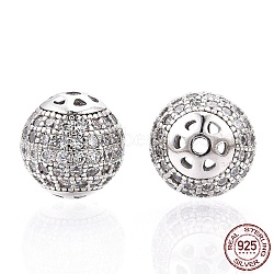 Rhodium Plated 925 Sterling Silver Micro Pave Cubic Zirconia Beads, Round, Nickel Free, Real Platinum Plated, 8mm, Hole: 1mm(STER-T004-23P)