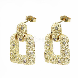 Brass Micro Pave Clear Cubic Zirconia Dangle Stud Earrings, with Earring Backs, Nickel Free, Hammered, Trapezoid, Real 16K Gold Plated, 22x14.5mm, Pin: 0.7mm(EJEW-S208-123-NF)