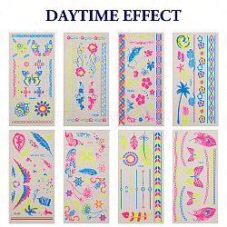 8 Sheets 8 Style Creative Fluorescent Arm Removable Temporary Tattoos Paper Stickers, Waterproof Feather Arm Tattoo Stickers, Rectangle, Mixed Patterns, 21x10.5x0.03cm, 1 sheet/style(STIC-TA0002-02)
