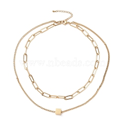 Vacuum Plating 304 Stainless Steel Double Chains Multi Layered Necklace with Cube Beaded for Women, Golden, 16.34 inch(41.5cm)(STAS-E155-10G)