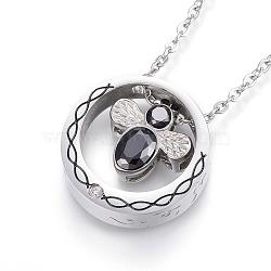 304 Stainless Steel Pendant Necklaces, with Cubic Zirconia, Enamel and Lobster Clasps, Ring and Bee, Black, 19.69 inch(50cm)(NJEW-H438-08B)