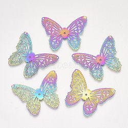 Ion Plating(IP) 201 Stainless Steel Filigree Pendants, Etched Metal Embellishments, Butterfly, Rainbow Color, 32x39.5x0.2mm, Hole: 1.2mm(X-STAS-S108-48)