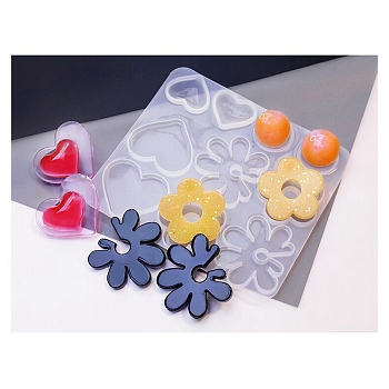 DIY Bohemian Style Pendant & Cabochon Silicone Molds, Resin Casting Molds, for UV Resin, Epoxy Resin Jewelry Making, Heart & Flower & Half Round, White, 113x128x5mm, Inner Diameter: 19~47.5x23.5~41mm
