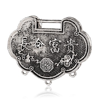 Tibetan Style Alloy Chandelier Components Links, Longevity Lock with Chinese Character Blessing, Antique Silver, 40x51x12mm, Hole: 2mm and 4x15mm