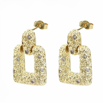 Brass Micro Pave Clear Cubic Zirconia Dangle Stud Earrings, with Earring Backs, Nickel Free, Hammered, Trapezoid, Real 16K Gold Plated, 22x14.5mm, Pin: 0.7mm