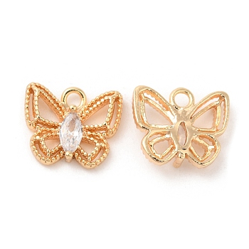 Brass with Glass Charms, Butterfly Charm, Real 18K Gold Plated, 9x10x3mm, Hole: 1.4mm
