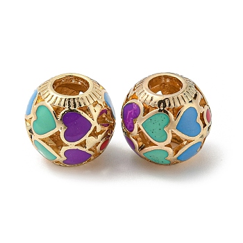 Alloy Enamel European Beads, Large Hole Beads, Round with Heart, Golden, 14x13mm, Hole: 5mm