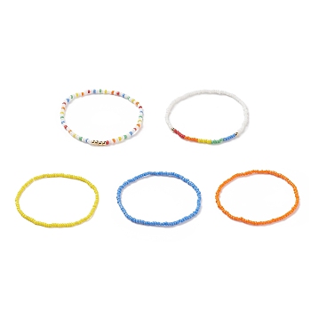 5Pcs 5 Style Glass Seed & Brass Beaded Stretch Bracelets Set for Women, Mixed Color, Inner Diameter: 2-1/4 inch(5.7cm), 1Pc/style