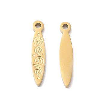 Ion Plating(IP) 316L Surgical Stainless Steel Pendants, Leaf Charm, Textured, Real 18K Gold Plated, 17x3.5x1.5mm, Hole: 1.2mm