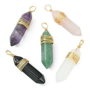 Natural Mixed Gemstone Copper Wire Wrapped Pointed Pendants, Faceted Bullet Charms, Real 18K Gold Plated, 37~38.5x9.5~10x9.5~10mm, Hole: 4mm