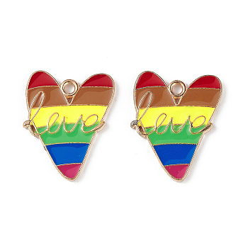 Rainbow Color Pride Alloy Enamel Pendants, Heart with Word Love Charm, Light Gold, Colorful, 22.5x17.7x1.5mm, Hole: 2mm