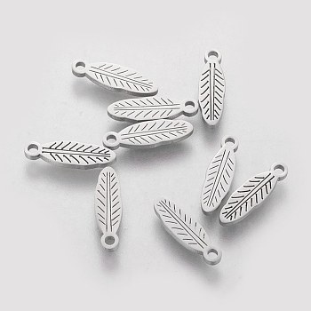 201 Stainless Steel Charms, Leaf, Stainless Steel Color, 12x3.5x1.1mm, Hole: 1mm