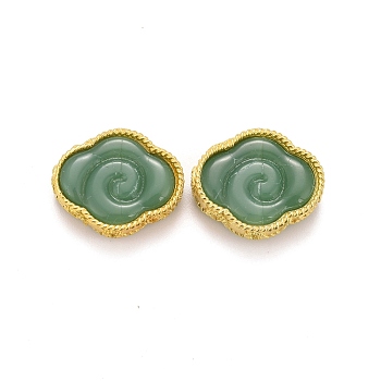 Rack Plating Brass Beads, with Imitation Jade Glass, Long-Lasting Plated, Light Gold, Auspicious Cloud, Olive Drab, 13x16x5mm, Hole: 1.2mm